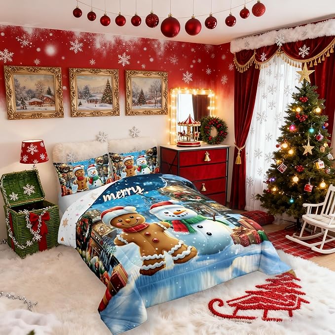 Gingerbread Man Kid Comforter Set Queen Size,Cute Snowman Merry Christmas Bedding Set,Girl Boy Room Decor,Snowflake Xmas Poinsettia Quilt Comforter,Blue Brown Duvet Set Bedroom Quilt Set,2 Pillowcases