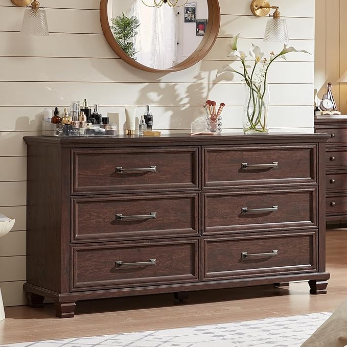 Farmhouse Bedroom Dresser and Nightstand Set of 4, 6 Drawer Tall & Low Dresser & 3 Drawer Nightstand Set with Wooden Legs, Rustic Wood Furniture Sets for Bedroom, Hallway, Walnut