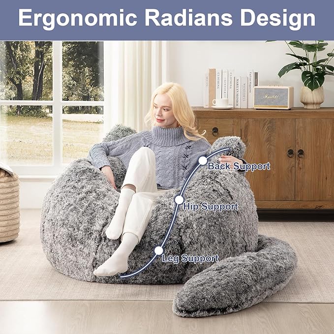 Bean Bag Chair for Adults Teens Giant Faux Fur Bean Bag Chairs with Filler Fluffy Plush Cat Shaped Beanbag Couch Comfy Accent Floor Sofa for Gaming, Reading in Living Room, Bedroom, Dorm