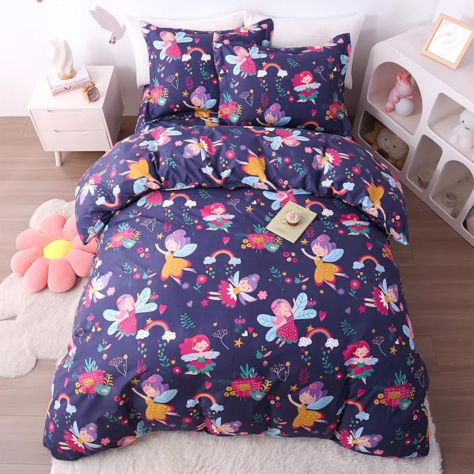 JSD Fairy Floral Kids Duvet Cover Set Queen Size, 3 Piece Girls Printed Microfiber Comforter Cover with Pillow Shams Zipper Closure, Comforter Not Included