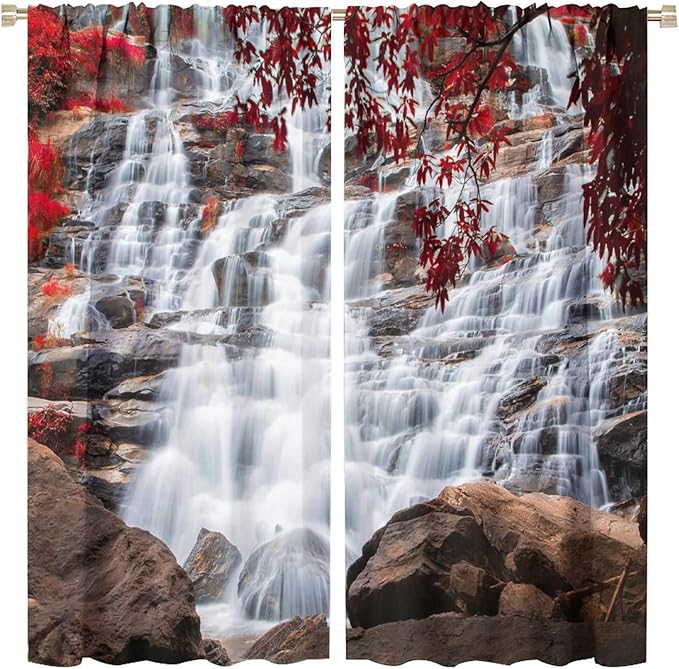 Waterfall Blackout Windows Curtains, Waterfall Red Forest Pattern Nature View Curtains, for Living Room Bedroom 63x63in 2 Panels