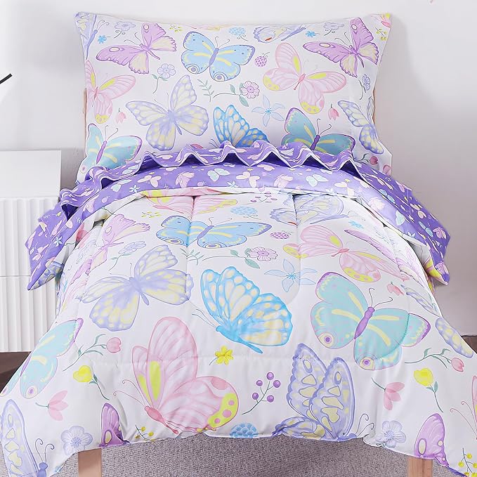Viviland Colorful Butterfly Toddler Comforter Sets, Cute Girls Toddler Bedding Set, Soft Microfiber Butterflies Toddler Bed Set