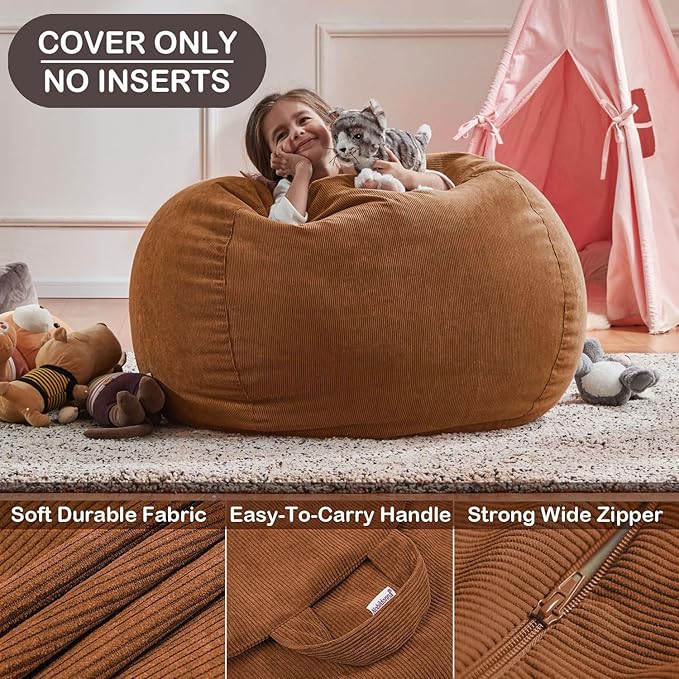 Nobildonna 3 ft Bean Bag Chair Cover (No Filler) 35"×43" Large Stuffed Animal Storage Bean Bag Washable Big Beanbag Chair Cover Premium Corduroy Bean Bag Cover for Adults,Kids,Orange Brown 300L