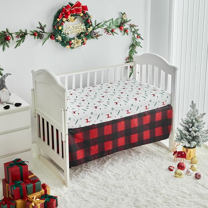 Christmas Red Crib Bedding Set 3 Pieces New Year Style Quilted Plaid Comforter with Fitted Sheet and Bed Skirt - Cute Snowman House Deer Red Gray Design Baby Crib Bed Set
