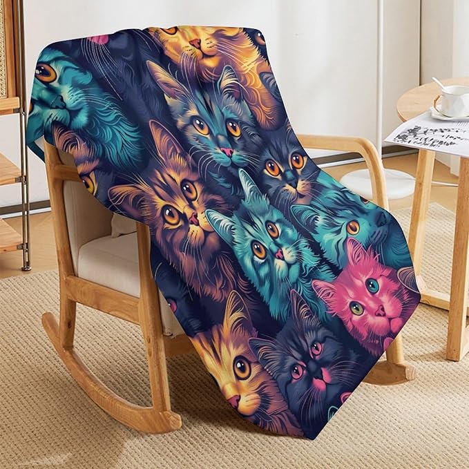 Funny Colorful Cat Print Blanket Kawaii Kitty Animal Throw Blankets Gifts for Couch Sofa Bed Stuff Decor Soft Cozy Fleece Plush Warm Flannel Bedding for Lover Men Women 50"x60"