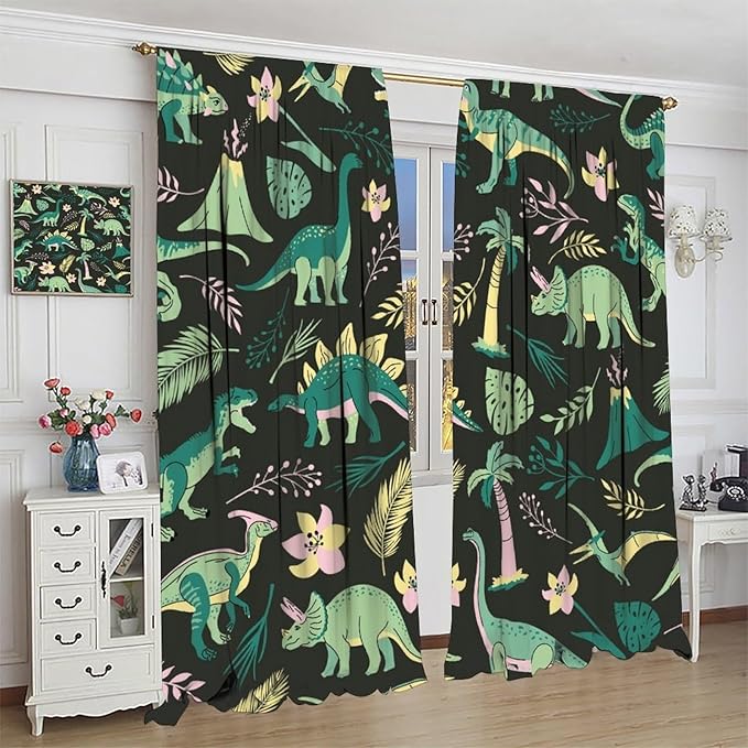 Dinosaurs Blackout Curtains Cartoon Cute Funny Dino Tropical Jungle Green Art Print for Kids Boys Bedroom Living Room Rod Pocket Decoration Window Drapes 2 Panels W21xL54in