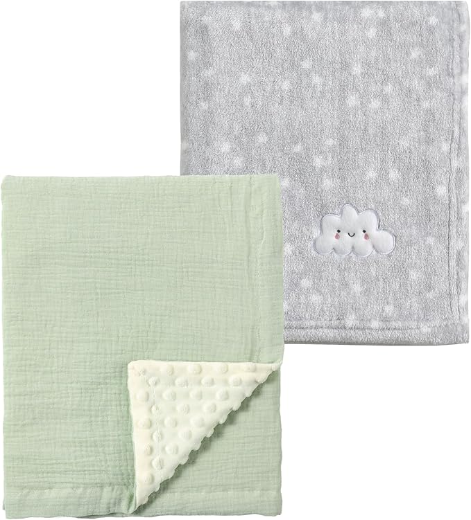 CREVENT 2Pcs 30''X40'' Cute Cozy Fluffy Warm Baby Blankets for Infants Toddlers' Bedding Crib Cot Stroller - Grey Cloud + Muslin Green
