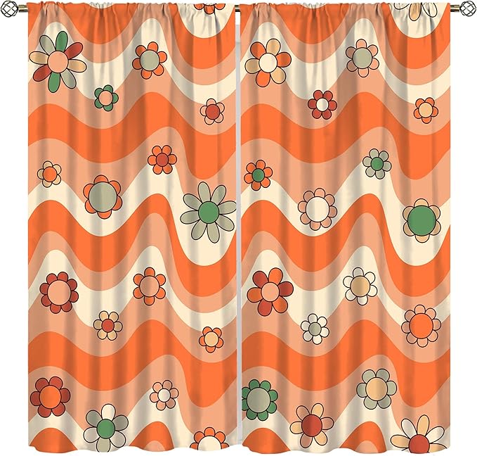 70s Boho Retro Curtains for Bedroom,Groovy Vintage Floral Rainbow Window Treatments Drapes for Kids Girls Window 63"" W X 72"" L, Style-6