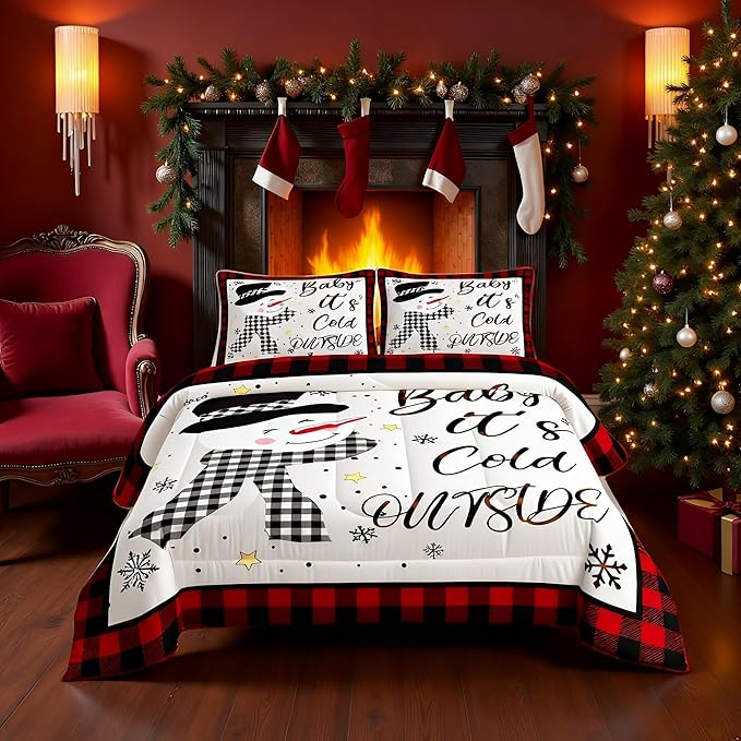 Kids Christmas Snowman Comforter Set King Size,Snowflake Winter Bedding Set,Girls Boys Adults Xmas Decor,Geometric Grids Lattices Patch Down Comforter,Red Rustic Vintage Duvet Insert,2 Pillowcases