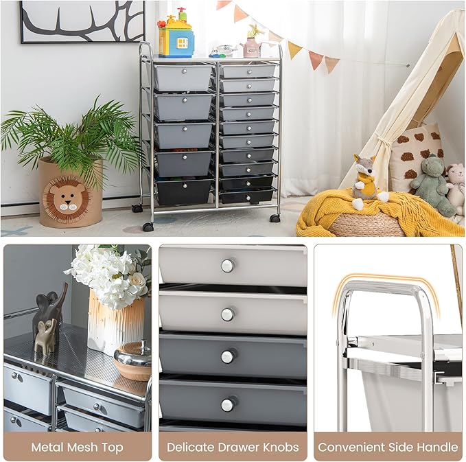 RELAX4LIFE 15-Drawer Storage Drawer Carts - Mobile Rolling Utility Cart w/Wheels, Craft Organizer for Classroom Organization and Storage, School, Office, Home, Storage Organizer Cart (Gradient Black)