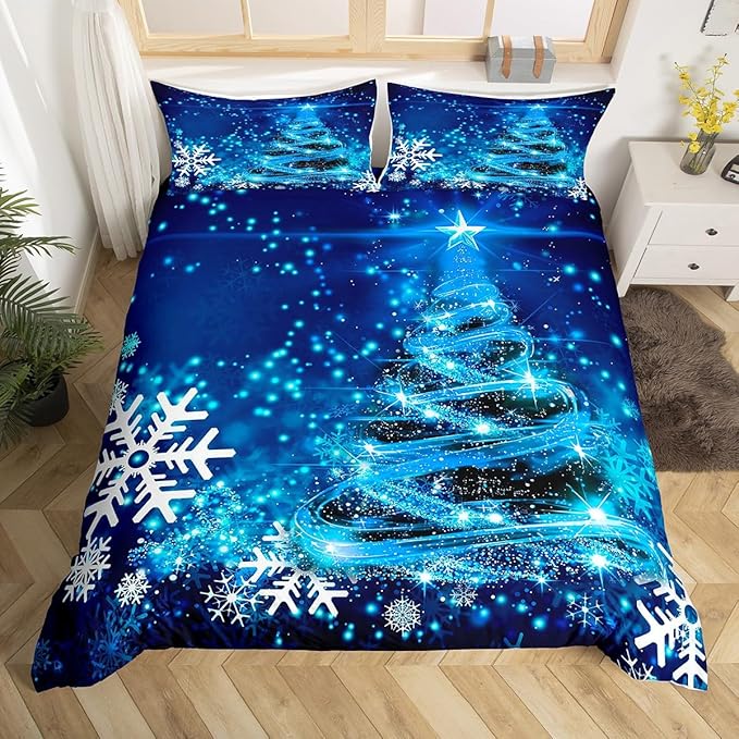 Manfei Blue Xmas Tree Duvet Cover Set Queen Size, White Snowflake Print Comforter Cover with 2 Pillowcases, Christmas Theme Bedding Set 3pcs for Kids Boys Girls Bedroom Decor,No Comforter