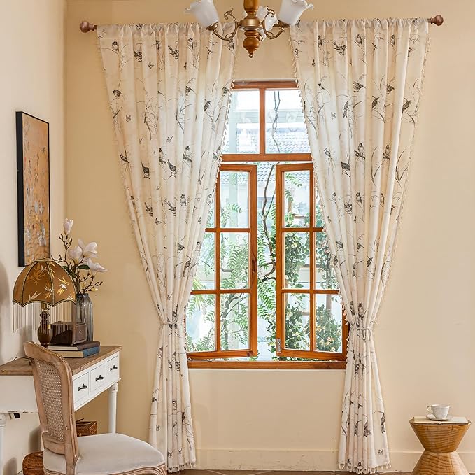 ENJOYBRIDAL Bird Patterned Curtains 96 Inches Long Semi Sheer Living Room Drapes Floral Bedroom Printed Farmhouse Window Curtain Panels Boho 2 Panels Botanical Rod Pocket Window Treatments