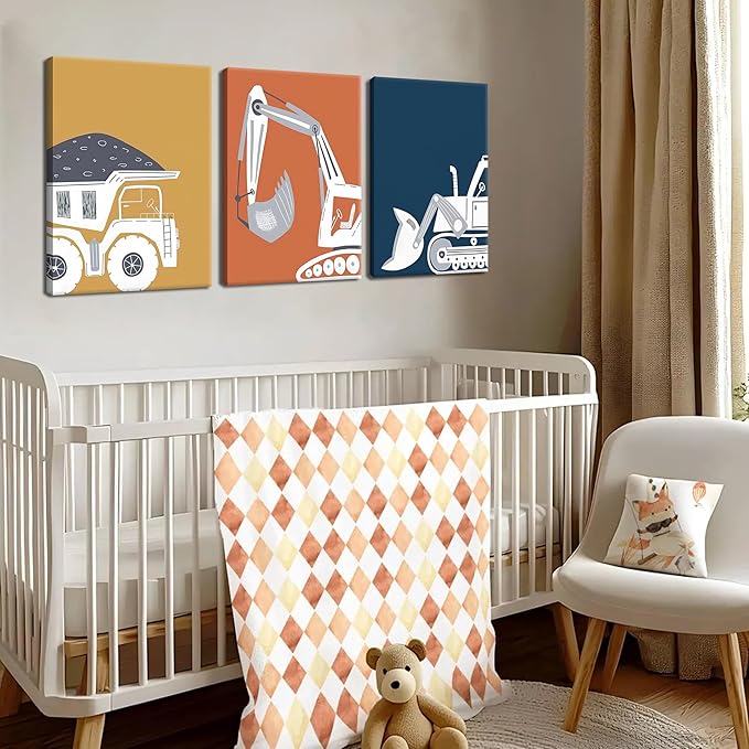 AKWISH Framed Nursery Construction Truck Wall Art Set of 3 – Cute Excavator Tractor Dump Truck Canvas Prints, Boys Bedroom and Baby Room Wall Decor, Playroom Vehicle Artwork – 16x24in