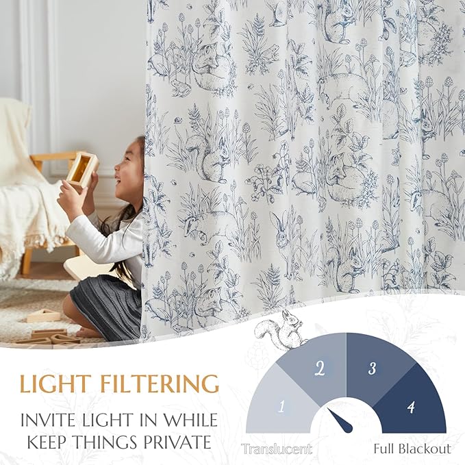 jinchan Linen Nursery Curtains 84 inch Long Woodland Wildlife Blue Print Drapes for Kid's Room Light Filtering French Country Farmhouse Curtains with Bunny and Forest Design Set of 2 Panels