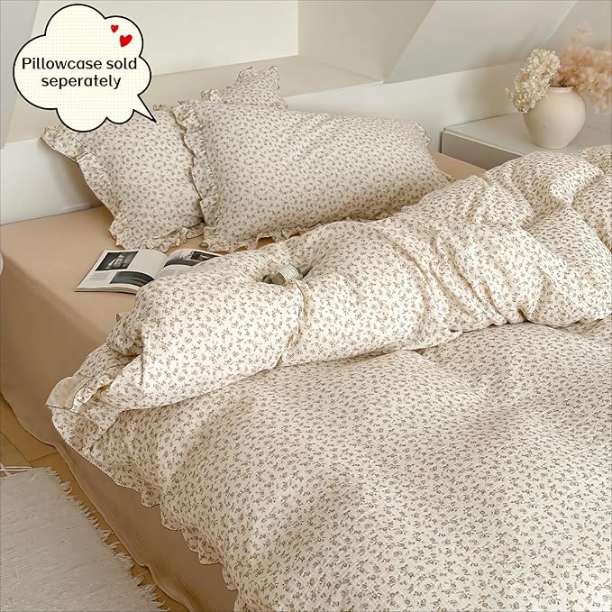 BuLuTu Muslin Duvet Cover for Queen Size Bed, Vintage Farmhouse Bedding Camellia Floral Quilt Cover with Ruffles, Soft Cotton Comforter Cover 90"x90", Zipper & Corner Ties, No Pillow