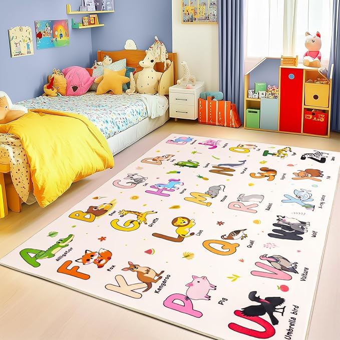 Kids Rugs for Playroom, 8x10 Ft Educational Rug for Learn The ABC Alphabet, Soft Machine Washable Non-Slip Cute Cartoon Animals Carpet for Classroom Toddler Nursery Kids Room Decor, Beige