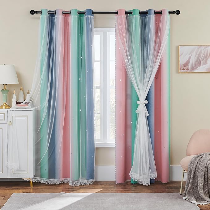 XiDi Pink Grey Green Girls Curtains for Bedroom Rainbow Blackout Short Curtains for Kitchen Cafe Window Room Darkening Kids Childs Nurser Room Wall Decor 72 inches Long 34 inches Wide 2 Panels Set