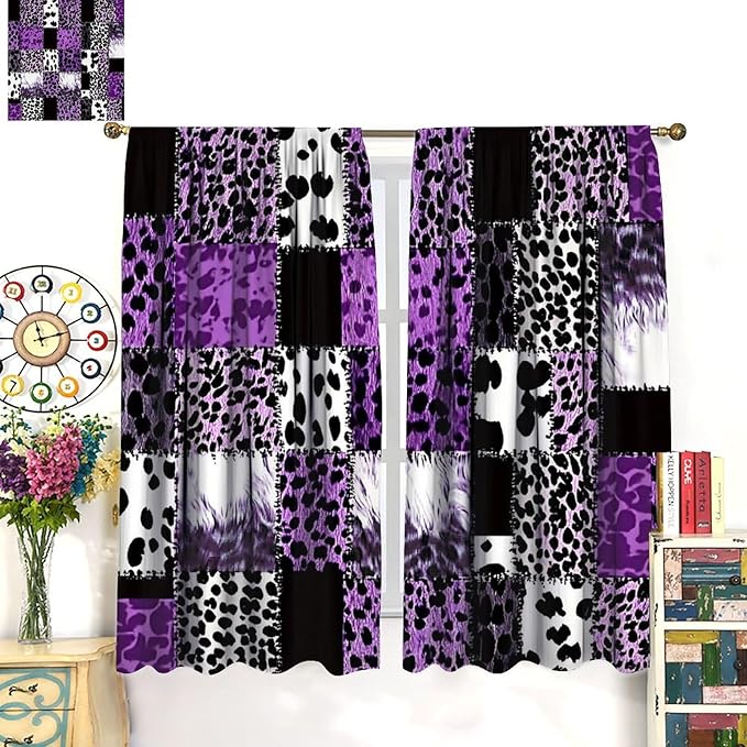 Brown Leopard Curtain, Purple Patchwork Cheetah Panthera Zebra Giraffe Print Safari Wildlife African Wild Animal Skin Window Curtains for Living Room Bedroom 42" W X 45" L