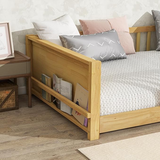 Floor Bed with Rails Twin Size, Wood Montessori Floor Bed with Storage Bookcase, Kids Bed Frame with Fence for Boys Girls, Natural