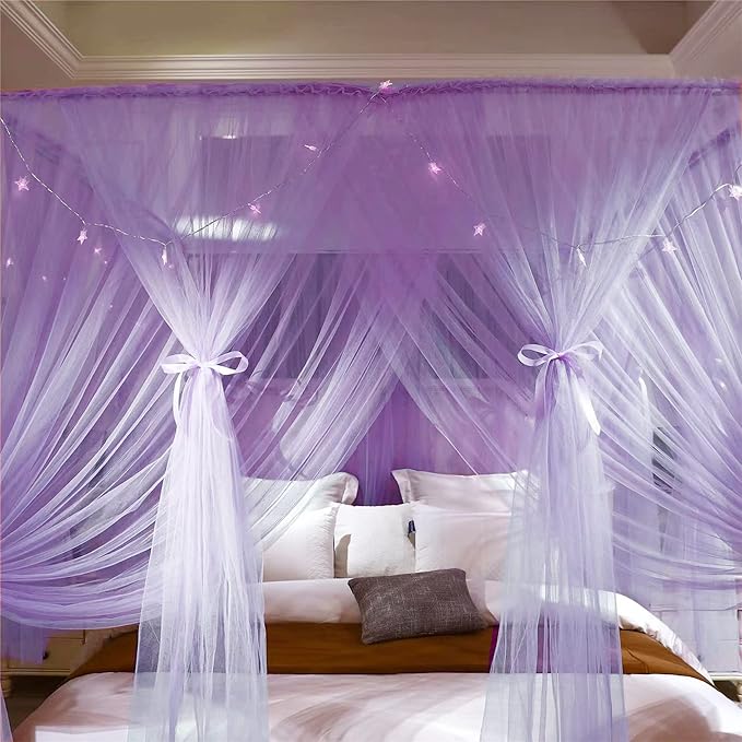 VETHIN 4 Corners Post Princess Bed Canopy Curtain Double Layer Cozy Drape Netting 4 Opening Mosquito Net for Girls & Adults Bedroom Decoration Accessories (Double Purple,59" W*82" L*82"*H/(Queen))