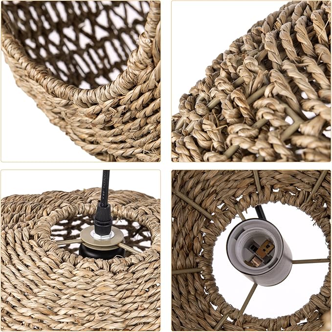 Arturesthome 1 Light Handwoven Boho Pendant Light, Rattan Wicker Hanging Ceiling Lighting Weave Chandelier Lamp Shade for Kitchen Island Restaurant Craft Room