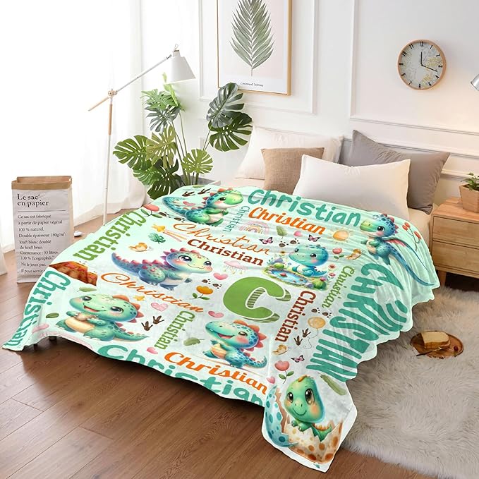 Personalized Custom Green Dinosaur Blanket Gifts for Kids Boys Girls with Name - Customized Green Dinosaur Super Soft Lightweight Flannel Sheets Decor for Crib Nap Couch - 50"x60" for Teens