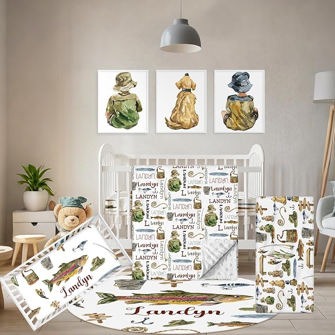Personalized Baby Crib Set, 5 Pcs Baby Boy Crib Bedding Set, Custom Name Fishing Baby Crib Bedding Set Neutral, Double Layer Flannel Nursery Bedding Set, Newborn Infant Toddler Customized Gift