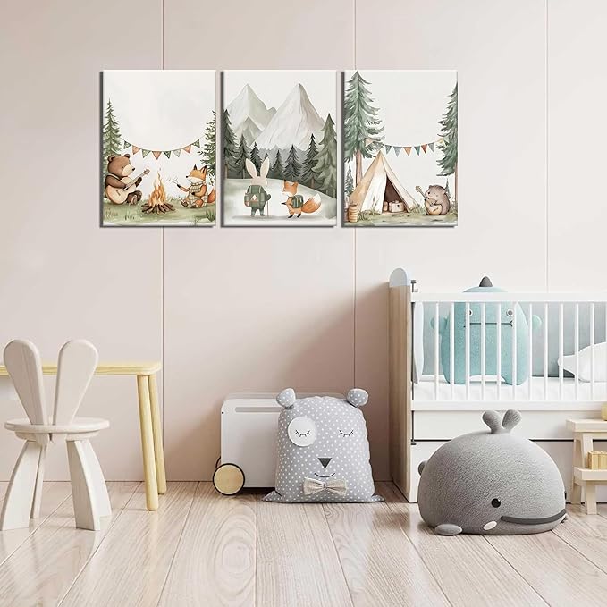 AKWISH Nursery Woodland Animals Canvas Wall Art, Cute brave Bear Fox Rabbit Hedgehog Nursery Wall Decor, Framed Wildlife Camping Picture Prints for Kids Room Baby Bedroom – 16x24in