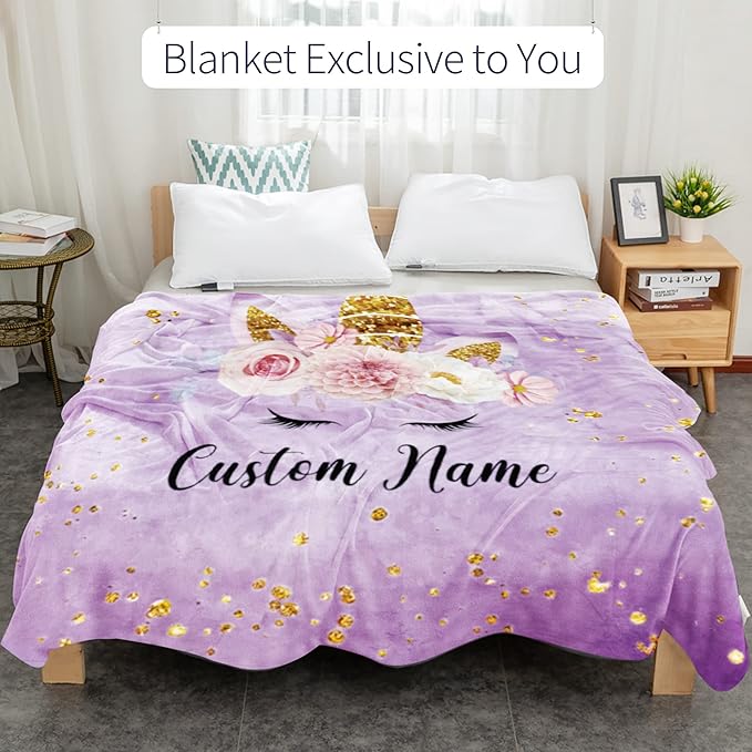Custom Horse Blanket with Name for Girl, Personalized Name Blanket for Kids, Soft Flannel Purple Toddler Blanket Customized Gift for Birthday Christmas Baby Shower Children Day 40x50in