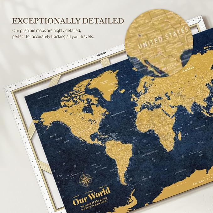 ElephantStock - Personalized Push Pin World Map - Gold Wall Art - Horizontal Canvas Wall Art - Living Room Wall Decor - Digital Art Map Canvas Art - Orange And Blue Decor - 45" x 30"