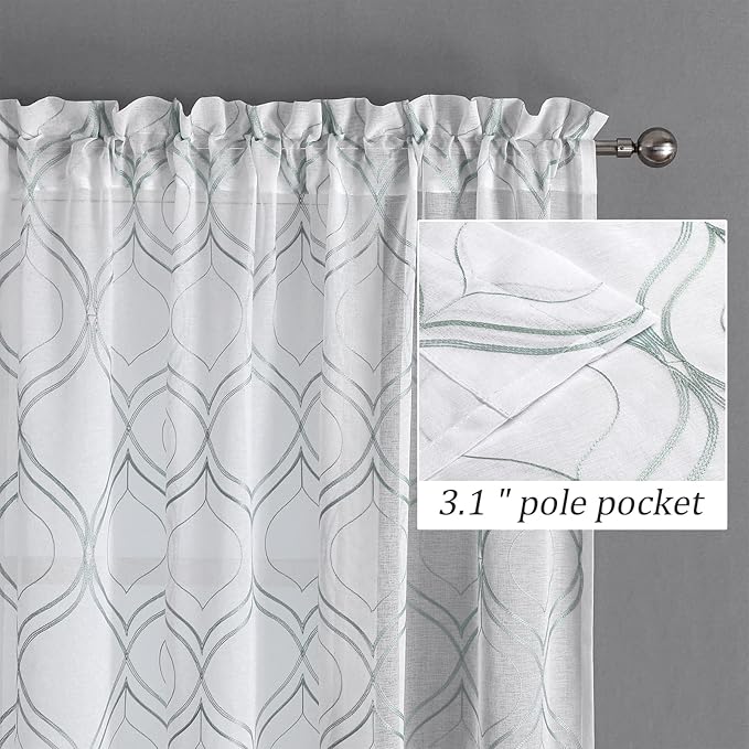 VISIONTEX White Sheer Curtains 84 Inches Long 2 Panels Set Green Moroccan Embroidered Curtains Trellis French Textured Rod Pocket Voile Tulle Semi Window Drapes for Bedroom Living Room 54 x 84 Inches