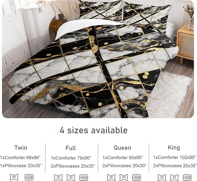White Marble Comforter Set: Twin Size Geometric Black and Gold Bedding Sets Abstract Marbling Quilts for Teens Kids Modern Aesthetic Bed Set 1 Comforter & 1 Pillowcase