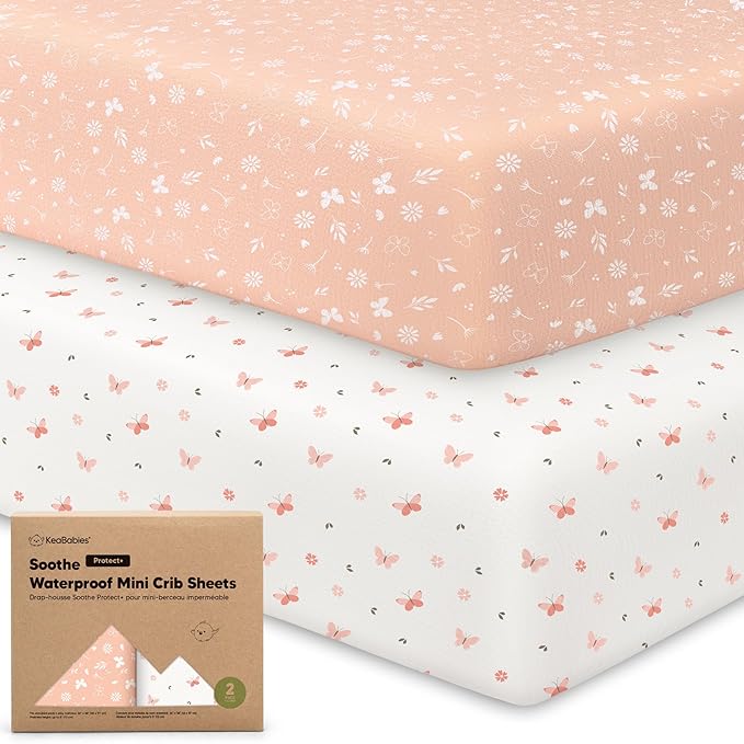 2-Pack Pack and Play Sheets, Waterproof Mini Crib Sheets Fitted - Organic Cotton Pack N Play Sheets for Graco Pack and Play Mattress,Playard Baby Crib Sheets,Neutral for Boy,Girl,Toddler (Butterflies)