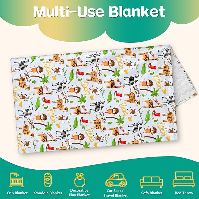 Custom Safari Animals Blanket Gift, Personalized Baby Blanket with Name, Soft Plush Flannel/Sherpa Fleece Throw Blankets for Toddler Kid Teen Boys Girls Color03