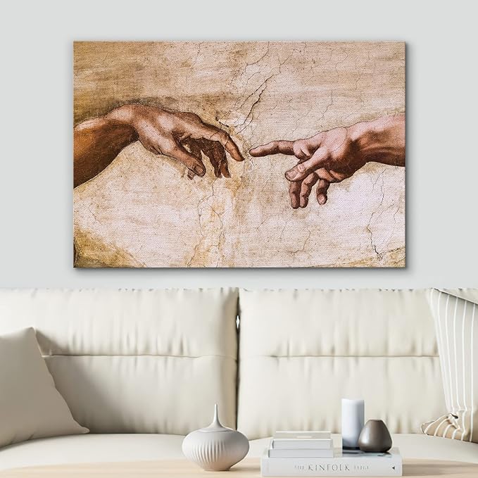 SIGNWIN Framed Canvas Wall Art Hands of God, Creation of Adam by Michelanglo Graffiti & Street Art Famous People Pop Art Modern Urban Multicolor for Living Room, Bedroom, Office - 12x18 inches