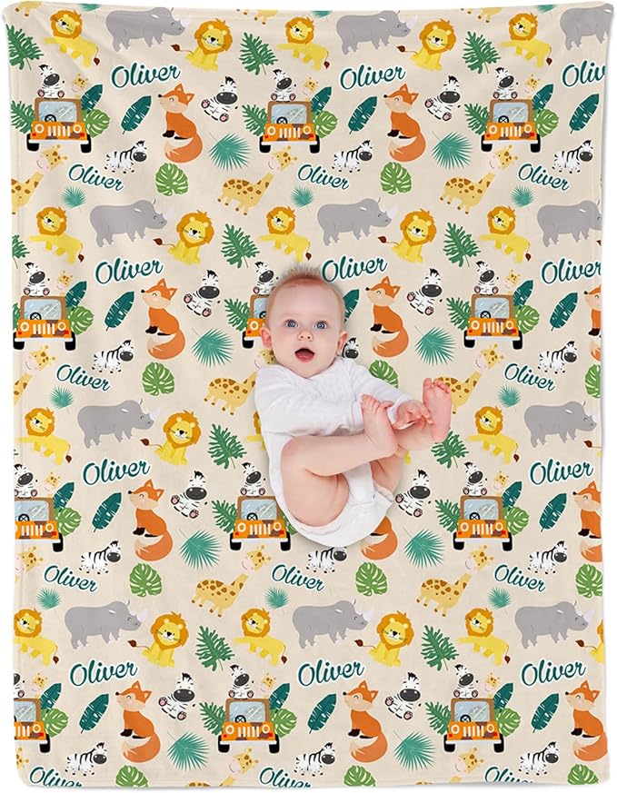 Custom Safari Animals Blanket Gift, Personalized Baby Blanket with Name, Soft Plush Flannel/Sherpa Fleece Throw Blankets for Toddler Kid Teen Boys Girls Color01