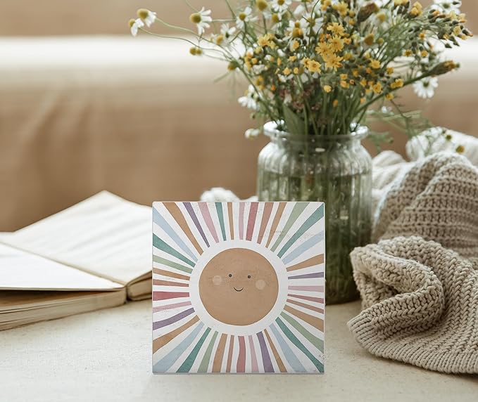 Mtrgdn Boho Rainbow Classroom Decor,Inspirational Kids Nursery Desk Decor,Sun Sunshine Wood Box Sign for Classroom Nursery Kids Bathroom Playroom Wall Shelf Decorations,5x5 Inch