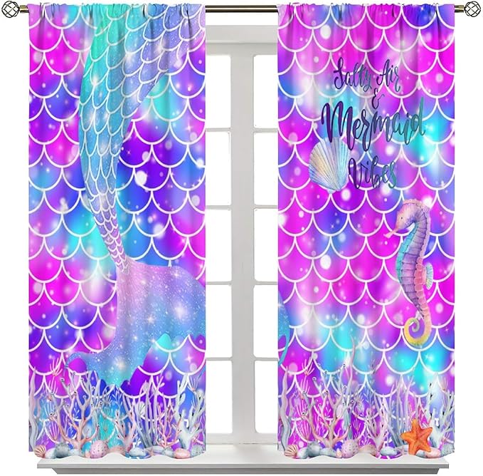 Dream Mermaid Curtains for Kids Boys Girls Ocean Theme Colorful Rainbow Fish Tail Blackout Window Treatment for Bedroom Nursery Room Decor Window Drapes 72" W X 63" L
