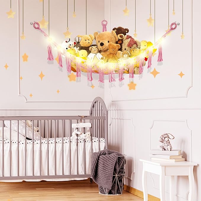 Stuffed Animal Hammock with LED Light, Large Stuffed Animals Storage Corner Plushie Net for Kids Room Decor, 2 Packs Pink