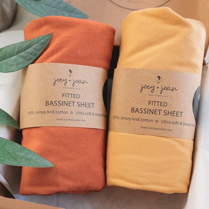 Joey + Joan Bassinet Sheets - Fits 16 x 32 Inch Oval Bassinet Mattress Pad - 100% Jersey Cotton - Mustard Yellow + Burnt Orange - 2 Pack