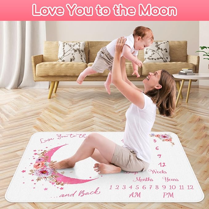 Baby Monthly Milestone Blanket, Precise Hour Moments with Knitted Hat,51”L x40”W,Recording 1 to 12 Months Moments,Thicker Extra Soft Flannel,Best Photography for Newborn,Baby Girl(Pink Flower)