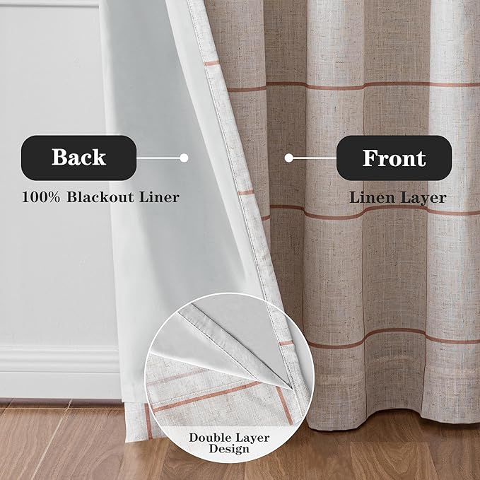 MYSKY HOME 100% Blackout Plaid Farmhouse Linen Curtains 84 Inch Long for Living Room Double Layer Checkered Drapes Thermal Insulated Privacy Protection Rod Pocket Back Tab, 1 Panel, 52" W, Tan