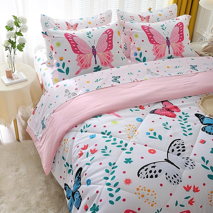 Wajade Queen Size Butterfly Comforter Set for Girls Kids Bedding Sets for Girls 7 Pieces Bed in a Bag Colorful Butterflies Flower Leaves Bedding Set All Season Lightweight