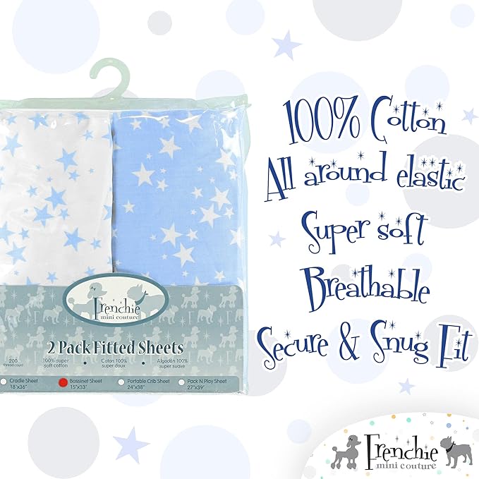 Frenchie Mini Couture Bassinet Sheets, 100% Cotton, Blue Stars, 15 x 33in, 2-Pack