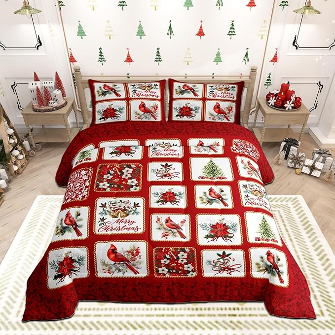 Castle Fairy Merry Christmas Full Size Comforter Set,Red Patchwork Xmas Themed Plaid Bedding Comforters Bedroom Collection,Cardinals Berries Bells Floral Pine Bedding Set for Girls Teens