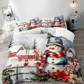 LUVIVIHOME 3PCS Cute Snowman Duvet Cover Queen Bedding Sets, Christmas Bedding, Red Bird Cardinal Poinsettia Winter Holiday New Year Xmas Gifts Christmas Comforter Bedspread Quilt Cover 2 Pillow Shams