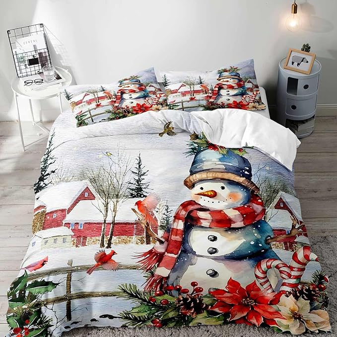 LUVIVIHOME 3PCS Cute Snowman Duvet Cover Queen Bedding Sets, Christmas Bedding, Red Bird Cardinal Poinsettia Winter Holiday New Year Xmas Gifts Christmas Comforter Bedspread Quilt Cover 2 Pillow Shams