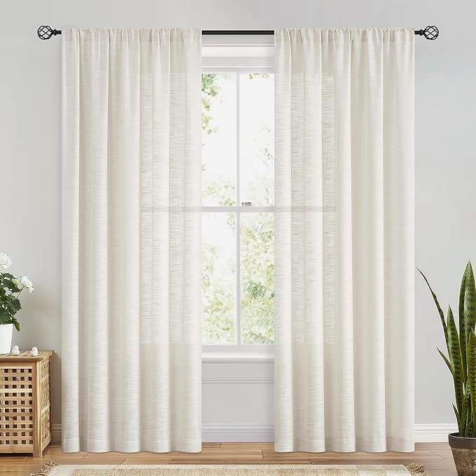 FMFUNCTEX Linen Semi Sheer Natural Curtains for Bedroom Living Room, Beige Curtains 96 Inches Long Sheer Linen Textured Window Drapes Farmhouse Light Filtering 2 Panels Rod Pocket