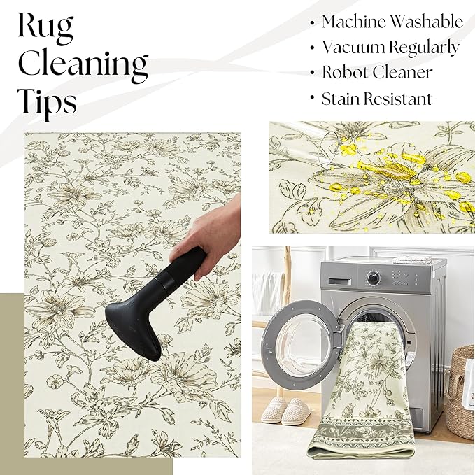 Farmhouse Beige Floral 8x10 Area Rugs for Living Room, Cream Tan Taupe Sketch Pattern Bedroom Rug Boho Low Pile Dining Room Washable Carpet 8x10, Vintage Soft Indoor Non-Slip Floor Covering Nursery