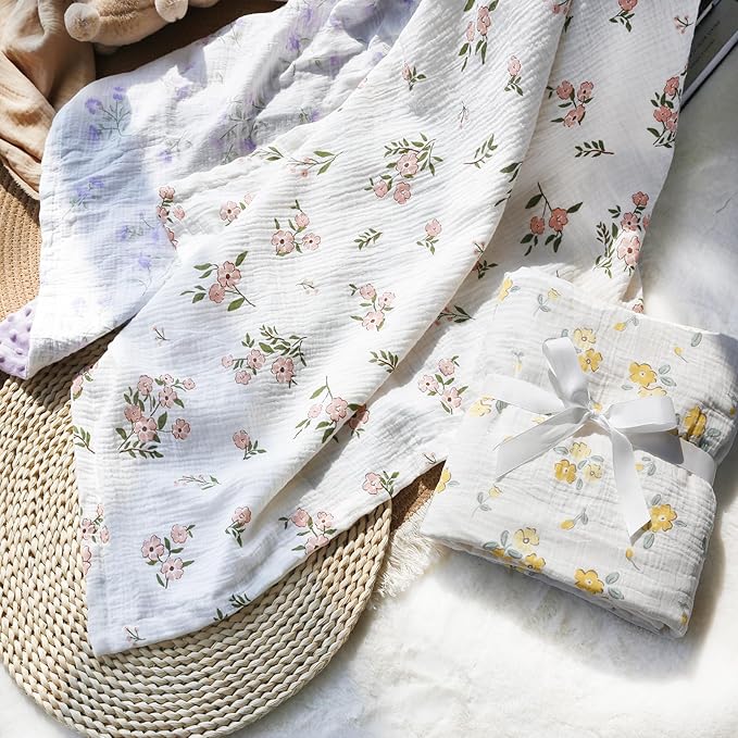 BOPRIO Baby Blankets for Unisex Boys Girls Super Soft Nursery Minky Blankets with Breathable Muslin Cotton Front and 3D Touch Dotted Fleece Backing, Floral Printed Bed Throws Newborn 30 x 40 Inch
